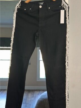 VENUS Black Denim Pants with Branded Waistband white pearl fringe